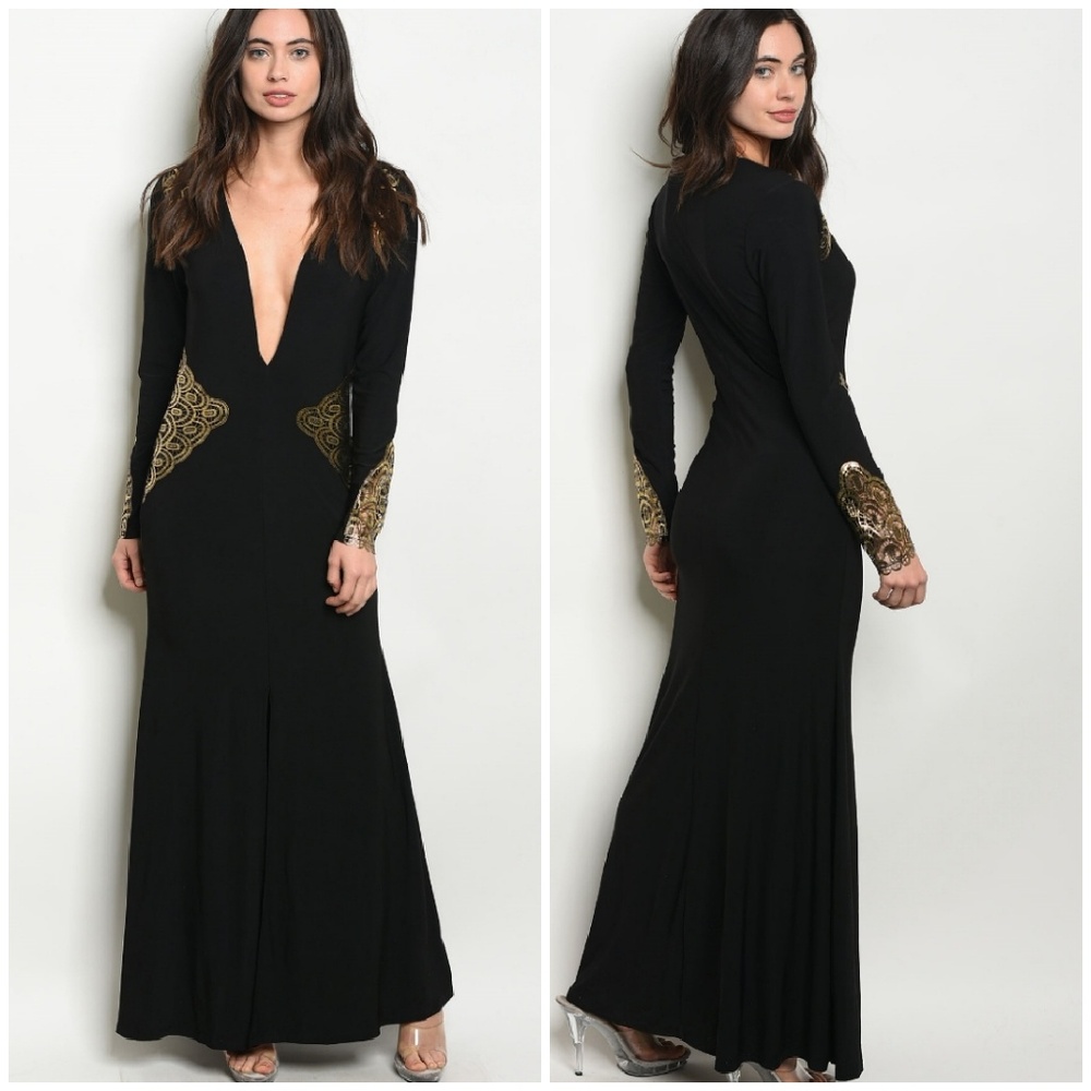 Black Gold Lace Trim Maxi Dress